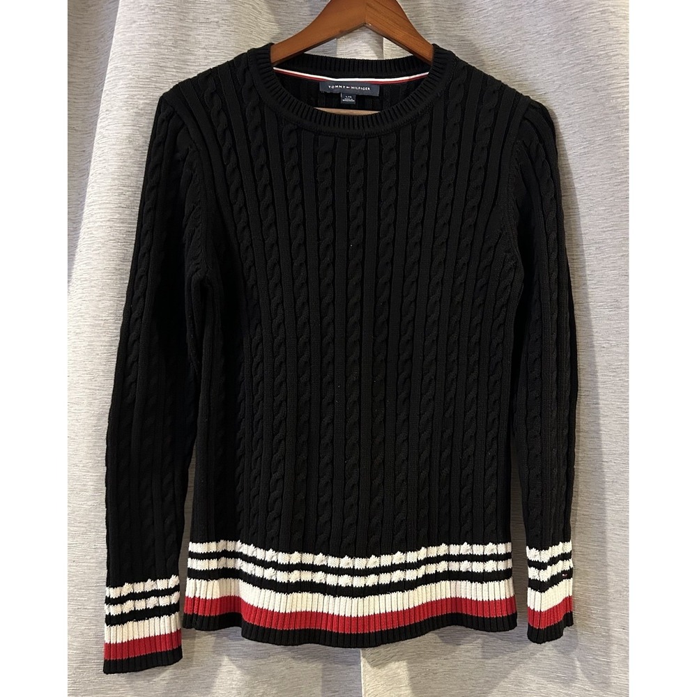Women's Cotton Cable-Knit Tipped Sleeve Sweater Size Large